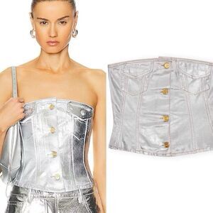 GANNI Corset Foil Denim Bandeau Button Front Metallic Silver EU 36 New